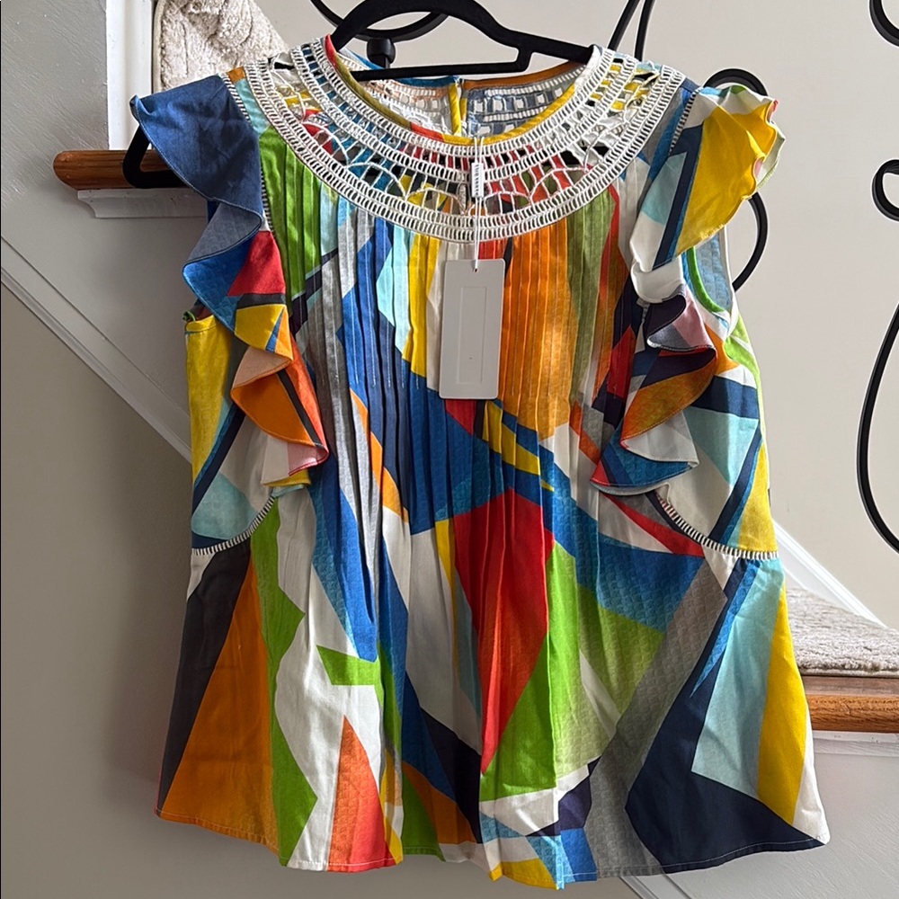 Ranna Gill Colorful Geometric Ruffle Women's Top with Crochet Yoke
